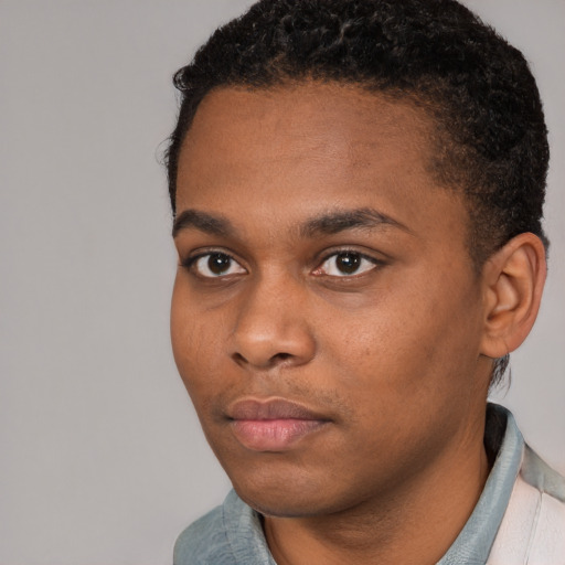 Neutral black young-adult male with short  black hair and brown eyes