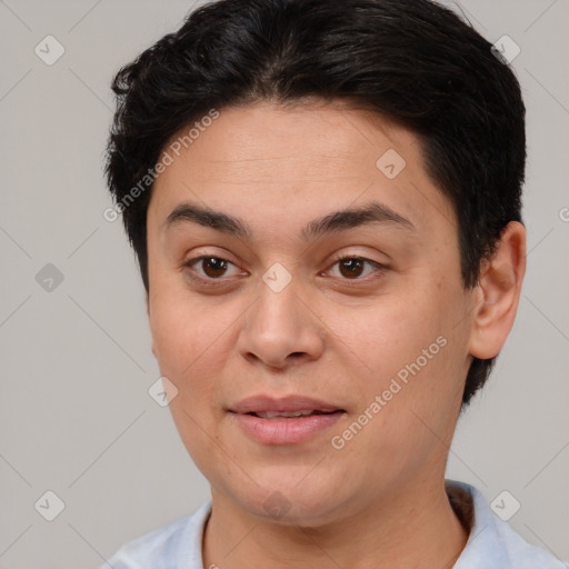 Joyful white young-adult female with short  brown hair and brown eyes