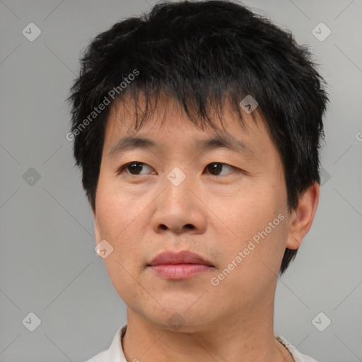 Neutral asian adult male with short  brown hair and brown eyes