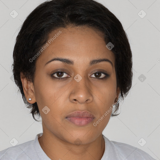 Neutral latino young-adult female with short  brown hair and brown eyes