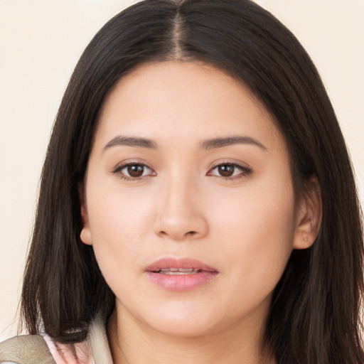 Neutral asian young-adult female with long  brown hair and brown eyes