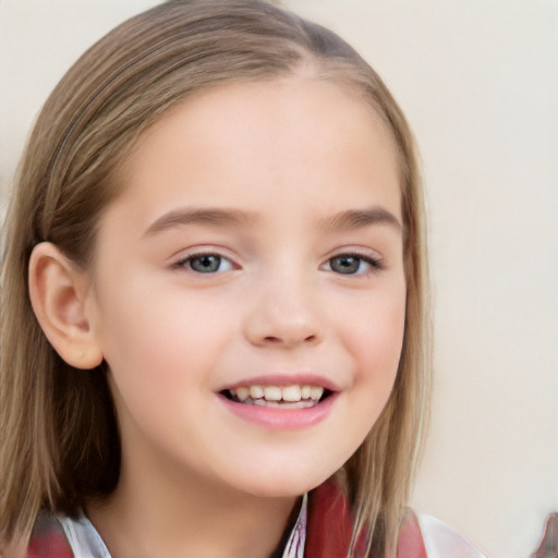 Joyful white child female with long  brown hair and brown eyes