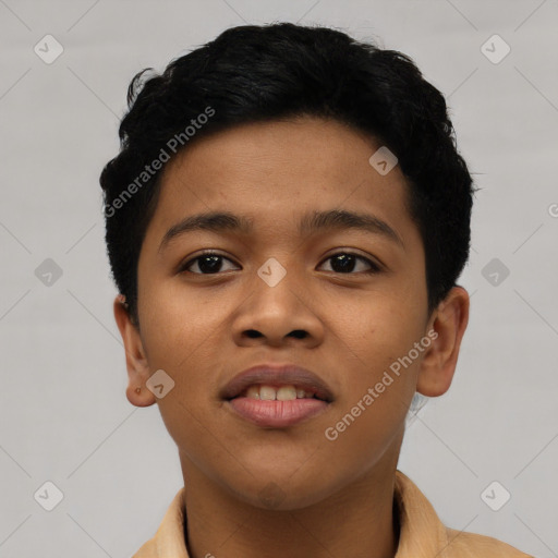 Joyful latino young-adult female with short  black hair and brown eyes