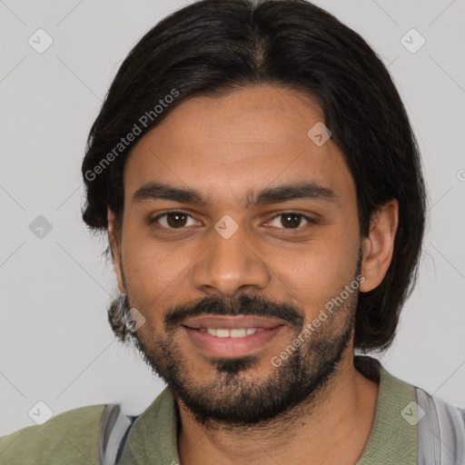 Joyful latino young-adult male with short  black hair and brown eyes