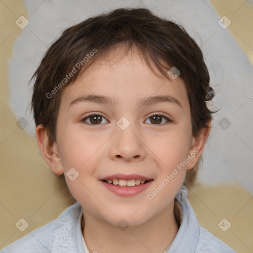 Joyful white child female with medium  brown hair and brown eyes