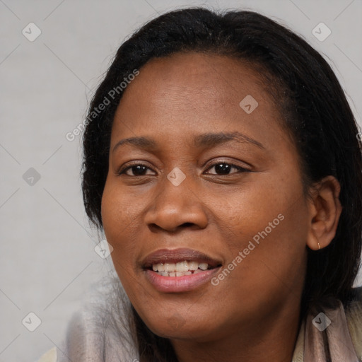 Joyful black young-adult female with long  black hair and brown eyes