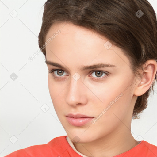 Neutral white young-adult female with short  brown hair and brown eyes