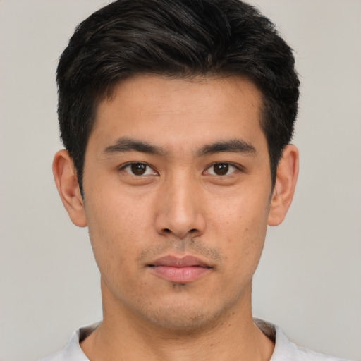 Neutral asian young-adult male with short  brown hair and brown eyes
