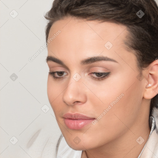 Neutral white young-adult female with short  brown hair and brown eyes