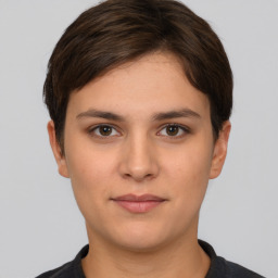 Neutral white young-adult female with short  brown hair and brown eyes