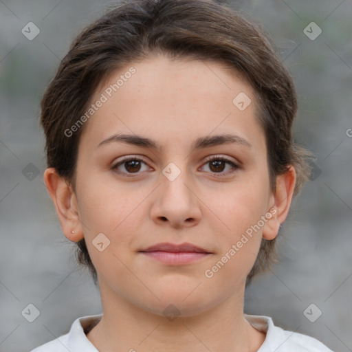 Neutral white young-adult female with short  brown hair and brown eyes