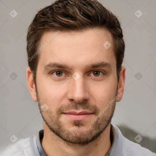 Neutral white young-adult male with short  brown hair and grey eyes