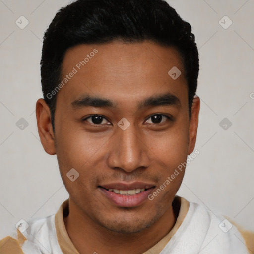 Joyful latino young-adult male with short  black hair and brown eyes