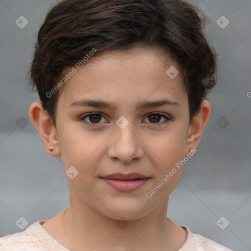 Joyful white child female with short  brown hair and brown eyes