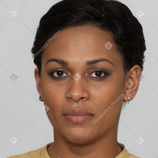 Neutral latino young-adult female with short  black hair and brown eyes