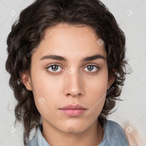 Neutral white young-adult female with medium  brown hair and brown eyes