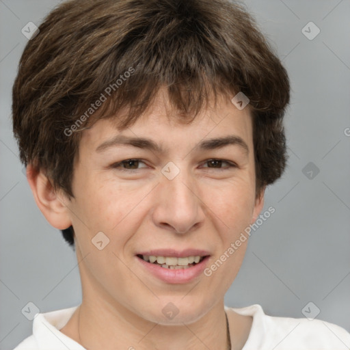 Joyful white adult female with short  brown hair and brown eyes