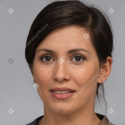 Joyful white young-adult female with medium  brown hair and brown eyes