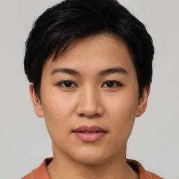 Neutral asian young-adult female with short  black hair and brown eyes