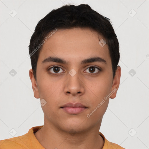 Neutral latino young-adult male with short  brown hair and brown eyes