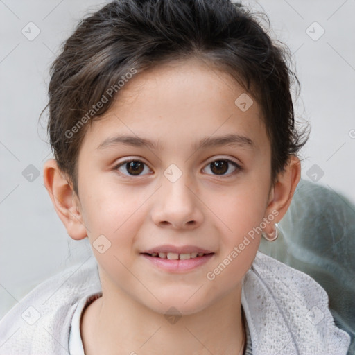 Joyful white child female with short  brown hair and brown eyes