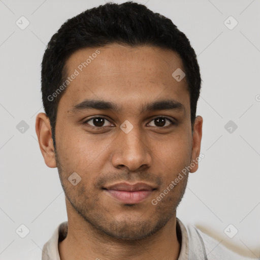 Neutral latino young-adult male with short  black hair and brown eyes