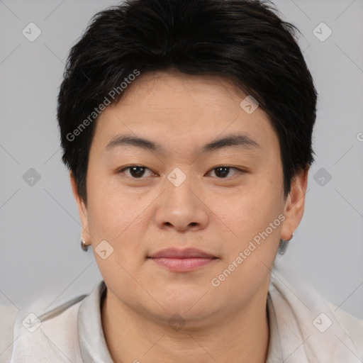 Joyful asian young-adult female with short  brown hair and brown eyes