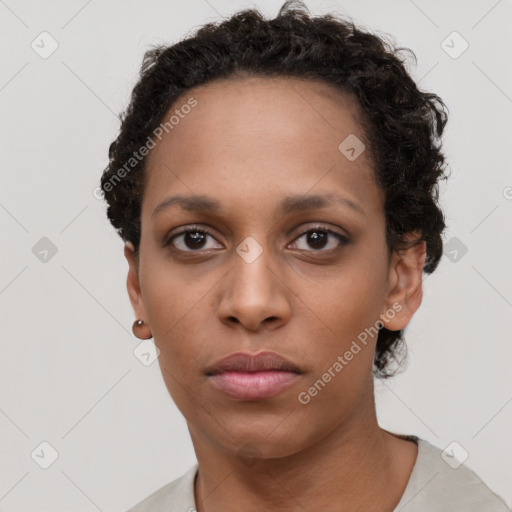 Neutral black young-adult female with short  brown hair and brown eyes