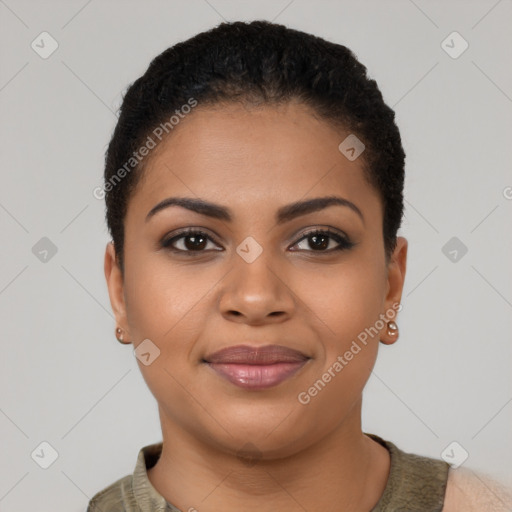 Joyful latino young-adult female with short  brown hair and brown eyes