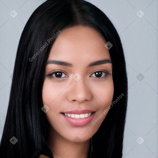 Joyful white young-adult female with long  black hair and brown eyes