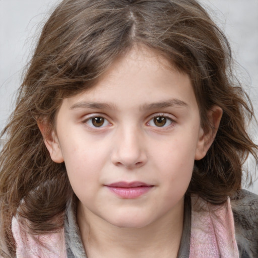 Neutral white child female with medium  brown hair and grey eyes