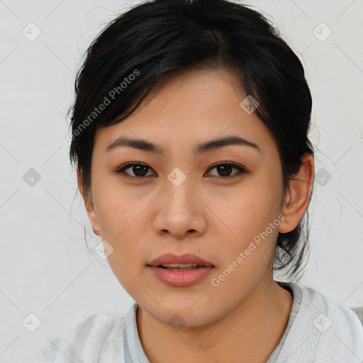 Neutral asian young-adult female with medium  black hair and brown eyes