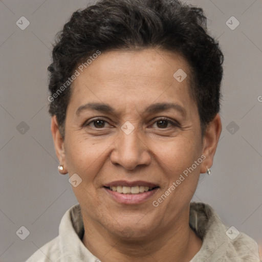 Joyful white adult female with short  brown hair and brown eyes