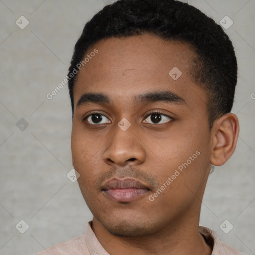 Neutral black young-adult male with short  black hair and brown eyes