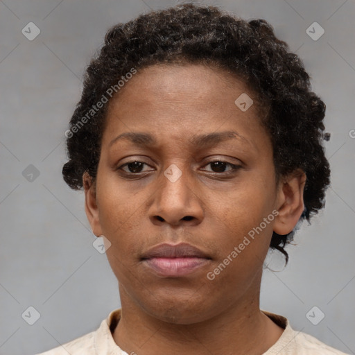 Neutral black adult female with short  brown hair and brown eyes