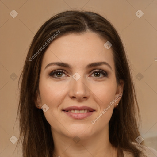 Joyful white young-adult female with long  brown hair and brown eyes