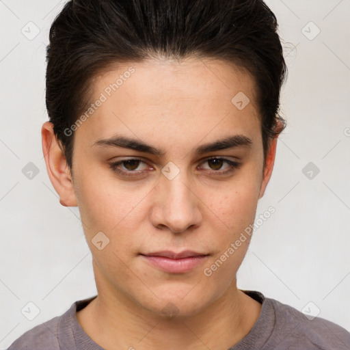 Neutral white young-adult male with short  brown hair and brown eyes