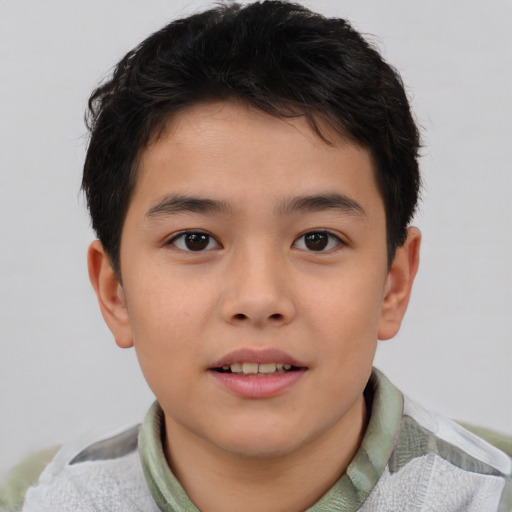 Joyful asian child male with short  brown hair and brown eyes
