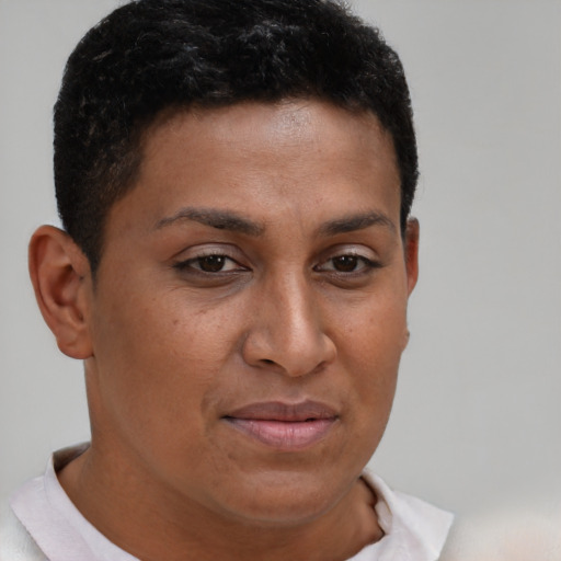Joyful black young-adult female with short  brown hair and brown eyes