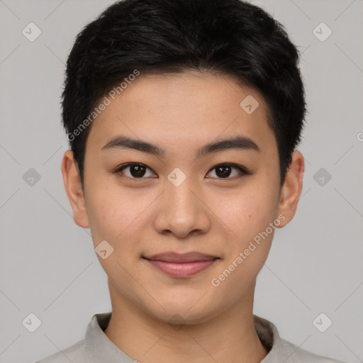 Joyful asian young-adult female with short  brown hair and brown eyes