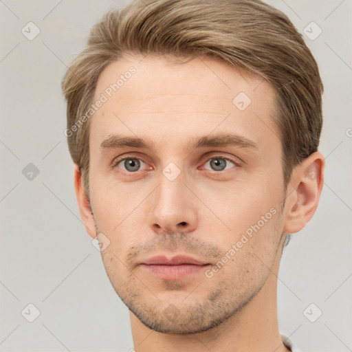 Neutral white young-adult male with short  brown hair and grey eyes