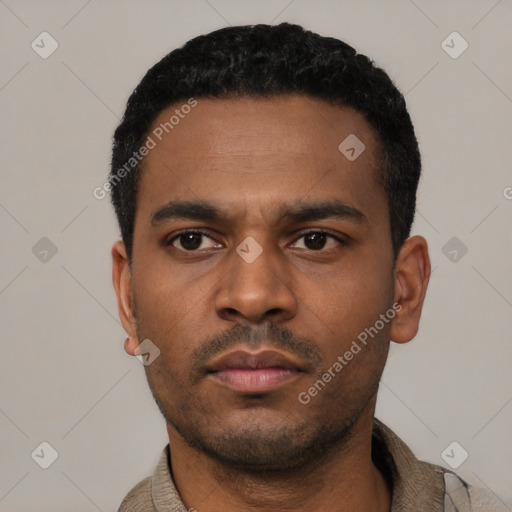 Neutral latino young-adult male with short  black hair and brown eyes