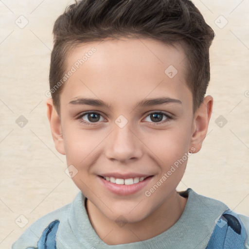 Joyful white child male with short  brown hair and brown eyes