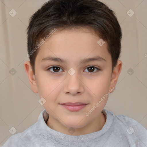 Joyful white child female with short  brown hair and brown eyes