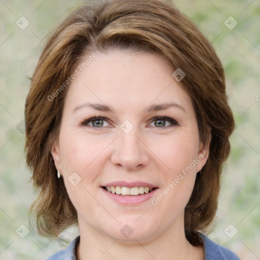 Joyful white young-adult female with medium  brown hair and green eyes