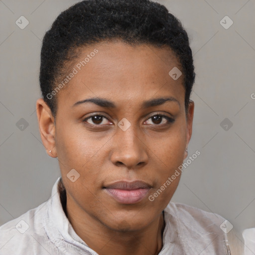 Neutral black young-adult female with short  brown hair and brown eyes