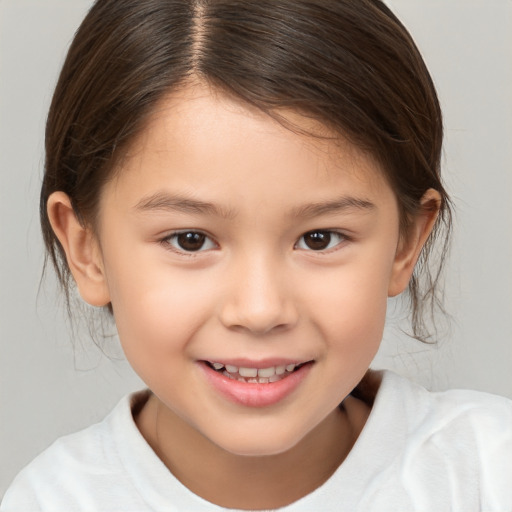 Joyful white child female with medium  brown hair and brown eyes