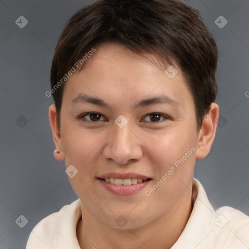 Joyful white young-adult female with short  brown hair and brown eyes