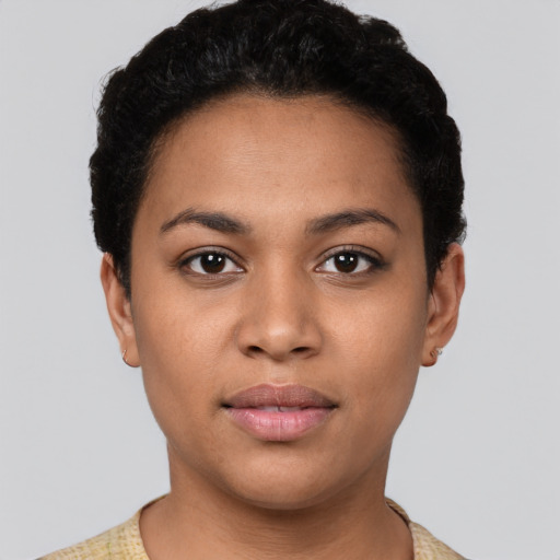 Neutral latino young-adult female with short  black hair and brown eyes