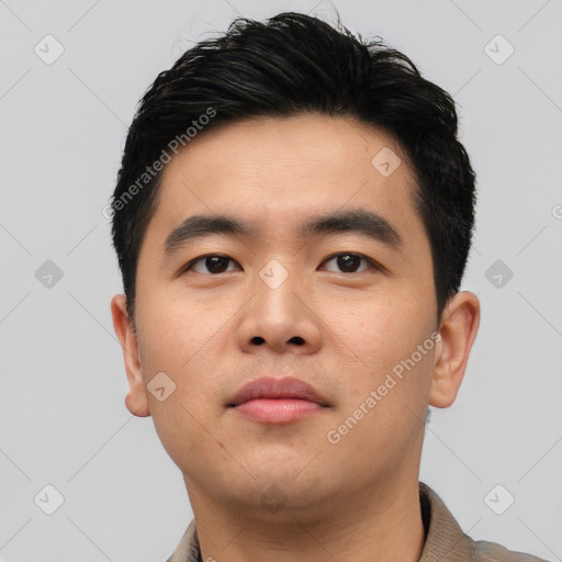 Neutral asian young-adult male with short  black hair and brown eyes